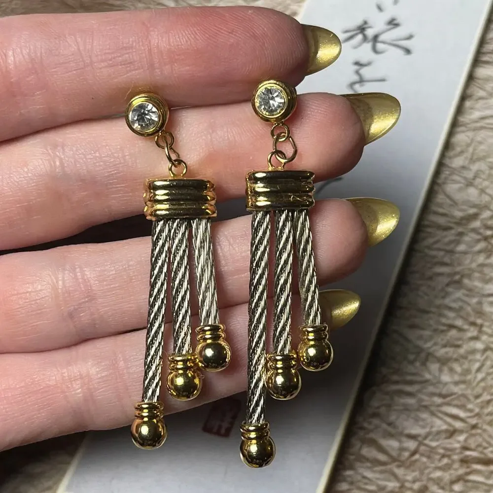 Vintage 90s Two-Tone Silver and Gold CZ Dangle Earrings